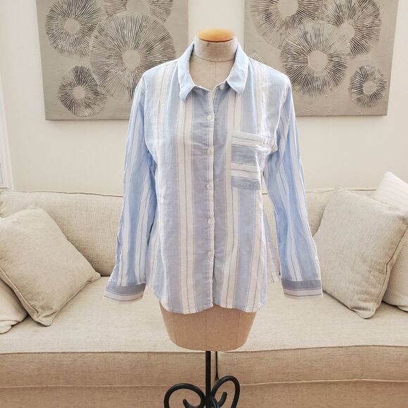 Socialite Striped Cotton Button Down Shirt size Large in Blue - Picture 4 of 14